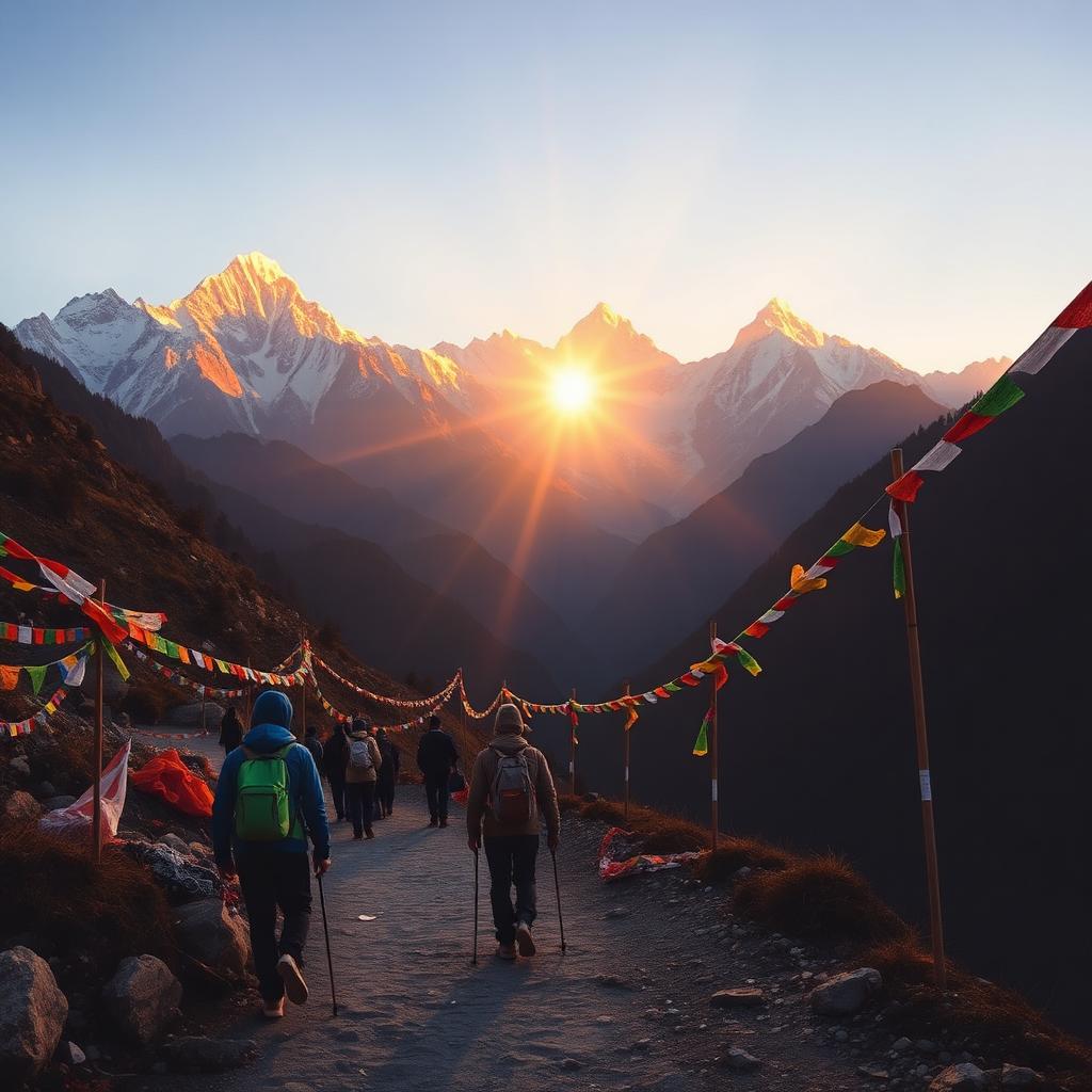 Hikers on a Himalayan trail at sunrise with prayer flags