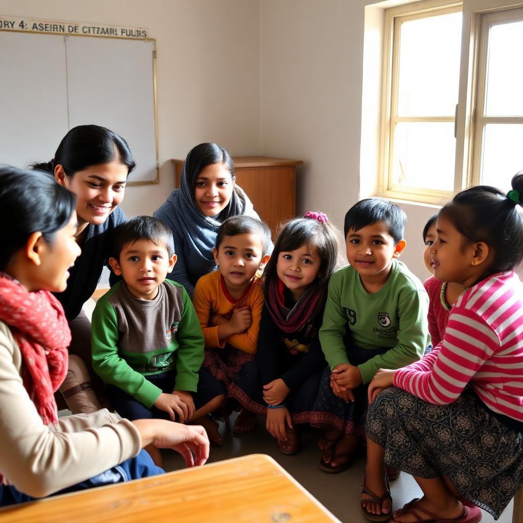 Volunteers mentoring children in a Pokhara classroom